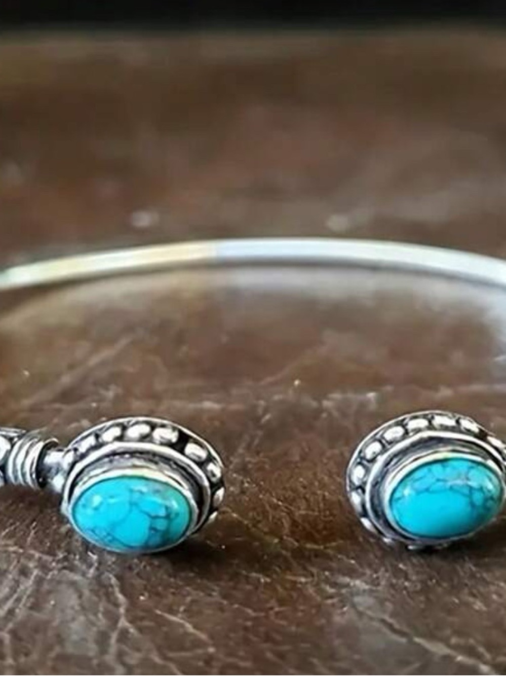 Turquoise Stone Open Cuff Bracelet - Blue Silver Finish - Picture 2 of 2
